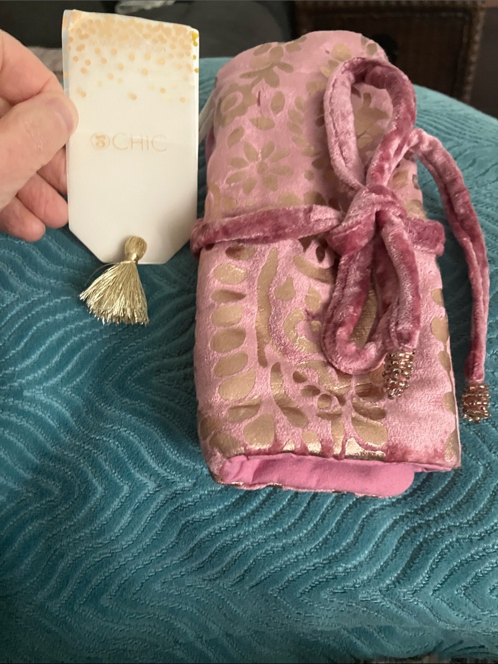 chic Pink Velvet Drawstring Pouch with Gold Floral Accents